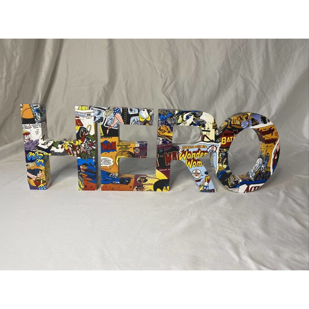 HERO Sign DC Comic Print Super Hero Hanging Wall Sign Spell Out Wood Comic Book￼